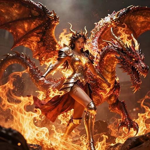 Digital artwork of a fiery, armored woman with horns and wings, standing amidst flames, holding a dragon with glowing eyes. Dark, smoky background enhances