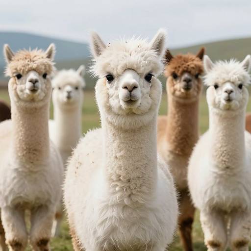 Photograph of six fluffy alpacas standing in a grassy field, with mountains in the background. Foremost alpaca is white, others