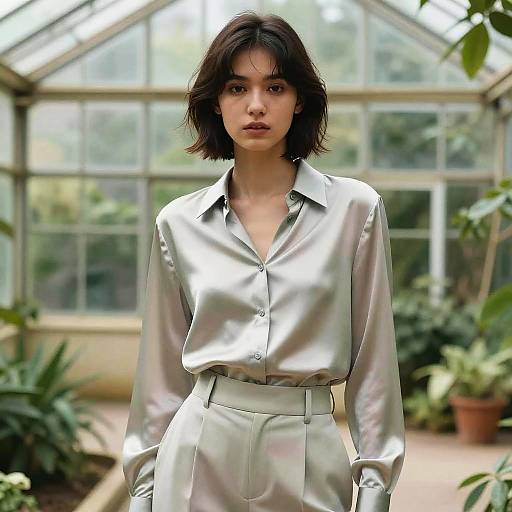 Young Woman in Silk Blouse and High-Waist Trousers in Greenhouse