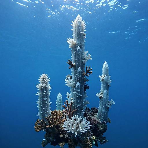 Photograph of underwater coral reef with tall, spiky white and brown corals against a vibrant blue ocean background. Sunlight filters through the water,