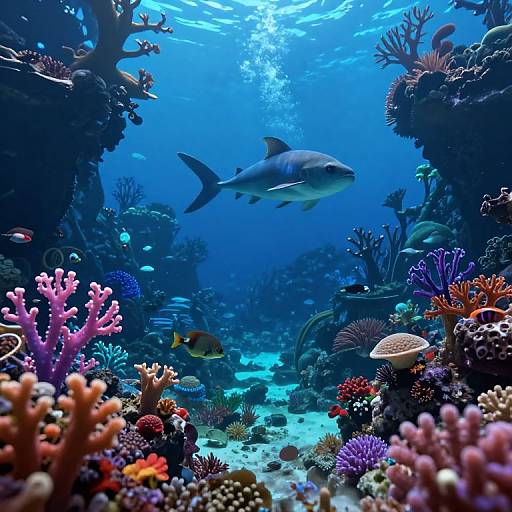 Vibrant underwater photograph of a coral reef, featuring a central shark, colorful corals, various fish, and sunlight filtering through blue water.
