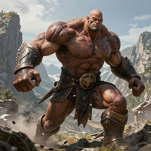 Muscular bald man with tan skin, wearing metal bracers and dark loincloth, stands powerfully in mountainous, rocky landscape. CGI image