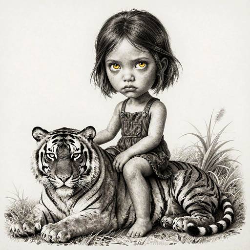 Black-and-white digital drawing of a young girl with short black hair, yellow eyes, wearing a dress, sitting on a resting tiger. Detailed grass and