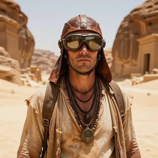 Photograph of a rugged man in desert attire with a brown leather helmet, black goggles, layered necklaces, and a dusty beige tunic, standing