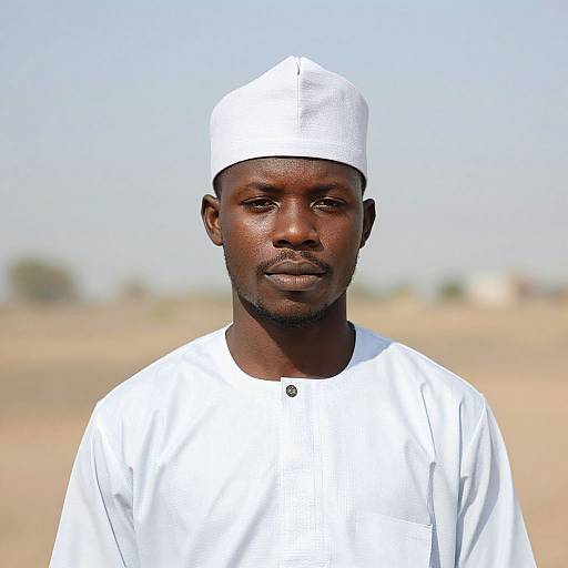 Photograph of a serious, dark-skinned man in white traditional African attire and hat, standing in a sunlit, blurred desert background.