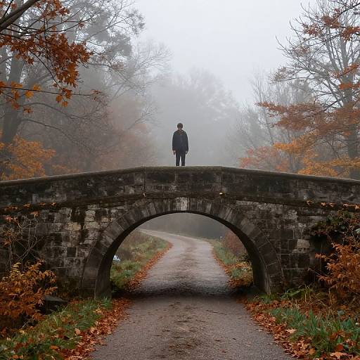 Photograph of a solitary figure in a blue coat standing on an old stone arched bridge, overlooking a misty, autumnal forest path lined with