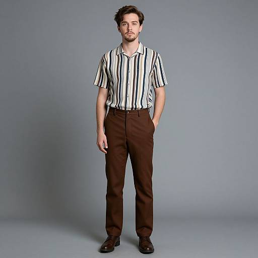 Photograph of a man with short dark hair and beard, wearing a black and white striped shirt, brown pants, and black shoes, standing against a