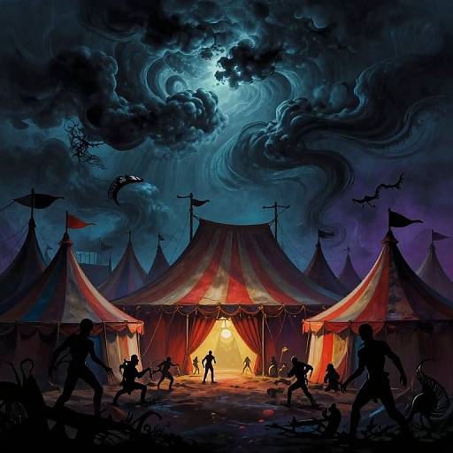 Digital art: Silhouetted figures flee a glowing circus tent under a swirling, dark blue moonlit sky with flying bats. Vibrant red and
