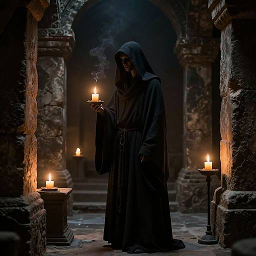 Photograph of a shadowy, hooded figure in a dark robe, holding a lit candle, standing in a dimly lit, stone-walled