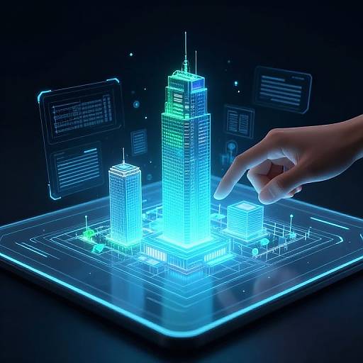Digital CGI of a glowing, neon-blue cityscape on a holographic tablet, with a pointing hand interacting with the virtual buildings.