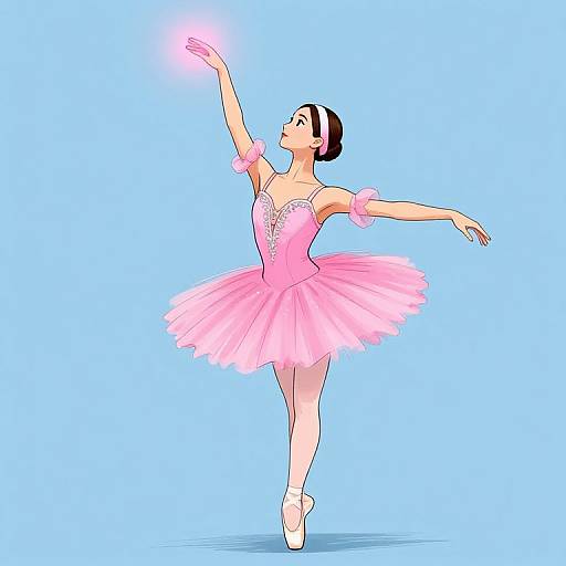 Digital illustration of a ballerina in a pink tutu, black hair in a bun, white ballet slippers, and pink arm ribbons,