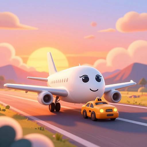 CGI image of a white cartoon airplane with a smiling face, flying alongside a yellow taxi on a sunlit, mountainous road.