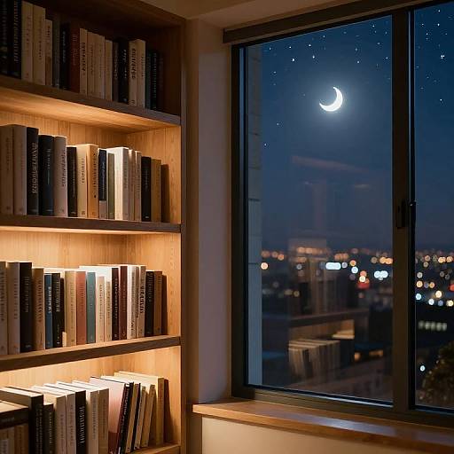 Cozy Nighttime Cityscape with Bookshelf