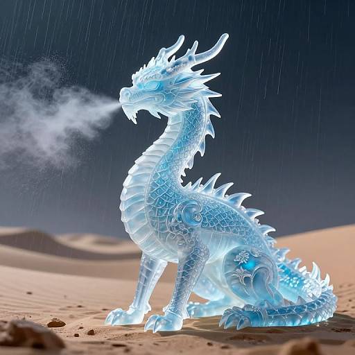 Glowing blue digital dragon with intricate scales and spikes sits in a desert under falling rain, emitting a misty breath.
