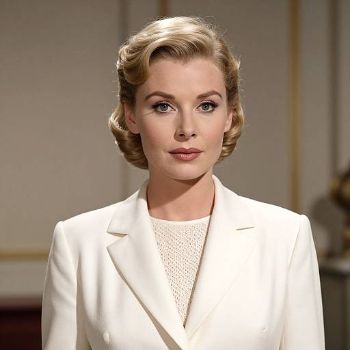 Photograph of a fair-skinned woman with blonde, vintage-style curled hair, wearing a white blazer over a white, textured top, standing against