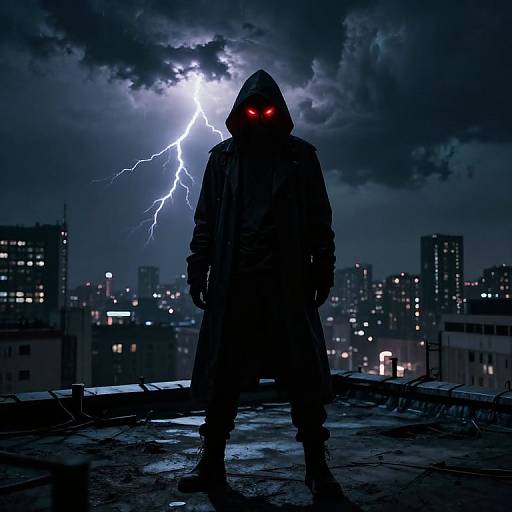 Silhouetted figure in hooded raincoat with glowing red eyes stands on rooftop during lightning storm over cityscape at night. Digital artwork.