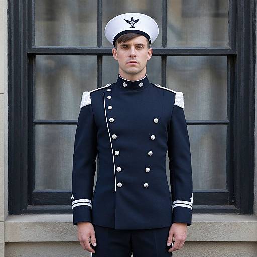 Photograph of a young Caucasian male sailor in a black naval uniform with white accents, standing in front of a black-framed window.