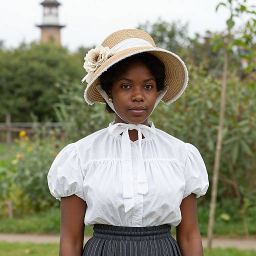 Photograph of a young Black woman with dark skin, wearing a white blouse, black skirt, and straw hat with a flower, standing in a lush