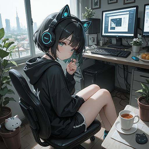 Cat-eared Girl at Desk with Headphones