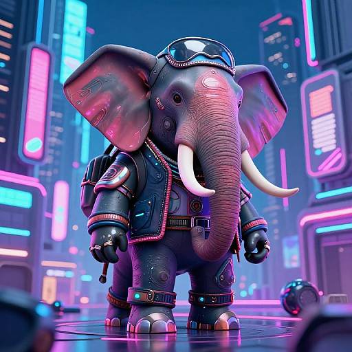 CGI image of a cyberpunk-style elephant with glowing neon lights, wearing a futuristic jacket, standing in a vibrant, neon-lit cityscape.
