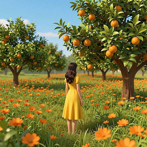 Digital artwork of a girl in a yellow dress standing in a vibrant orange flower and orange tree orchard under a bright blue sky.