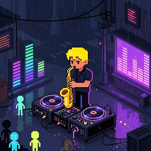 Pixel art of a blonde boy playing a saxophone at a neon-lit, rainy street DJ booth with glowing purple and blue lights.