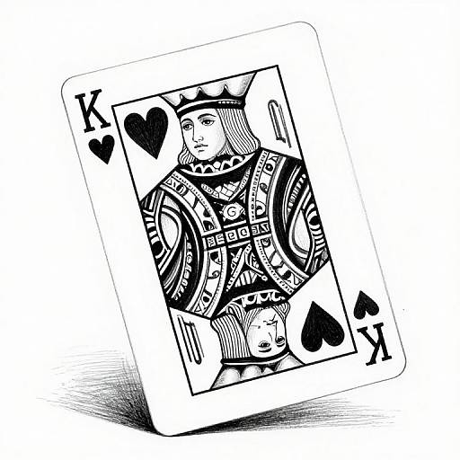 Black-and-white illustration of a King of Spades card featuring a detailed, armored figure with a hat, surrounded by hearts and spades. Card is
