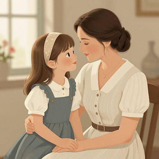 Digital illustration of a mother with dark hair in a bun, wearing a white dress, and her young daughter with a white headband, in a blue