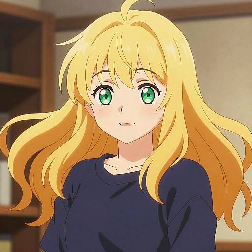 Anime-style digital drawing of a blonde woman with green eyes, wearing a dark blue shirt, smiling softly in a softly lit room.