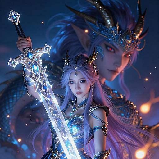 Fantasy Warrior Woman with Glowing Sword and Eastern Dragon