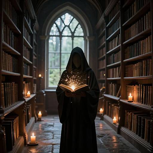 Photograph of a hooded figure in a dimly lit, medieval library, holding a glowing book, surrounded by lit candles.