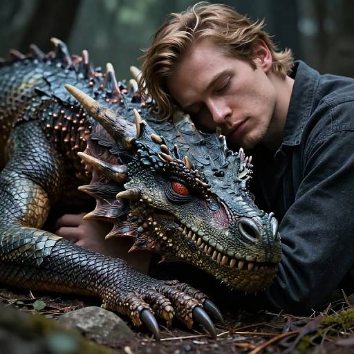 Photograph-like digital art: A blonde man with closed eyes rests his head on a large, spiked black dragon's head, surrounded by forest foliage.