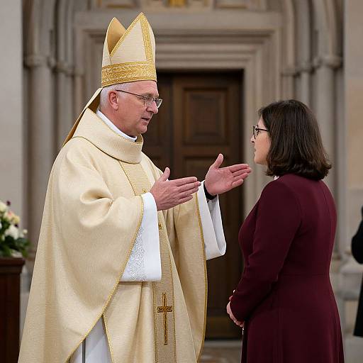 Photograph of a Catholic cardinal in golden vestments and mitre, gesturing to a woman in a maroon dress, standing before a grand,