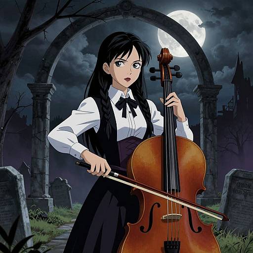 Digital anime-style illustration of a black-haired girl in a white blouse and black skirt, playing a cello under a full moon in a haunted graveyard with