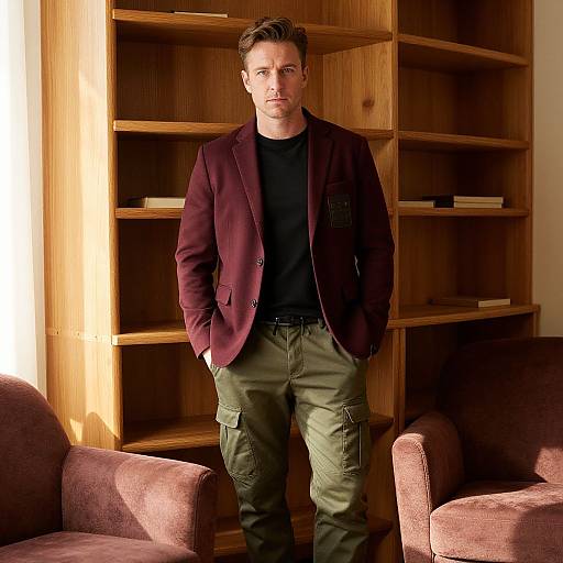 Photograph of a handsome man with short brown hair, wearing a maroon blazer, black t-shirt, and olive cargo pants, standing in a