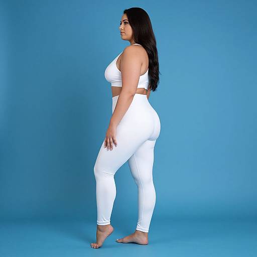 Photograph of a curvy woman with long black hair, wearing a white sports bra and high-waisted white leggings, standing side profile against a