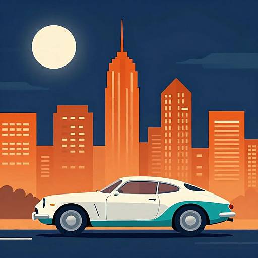 Digital illustration of a white and turquoise vintage car in front of a vibrant orange cityscape with tall buildings and a full moon.