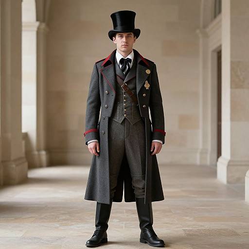 Photograph of a young man in Victorian-era attire: black top hat, long dark gray coat, three-piece suit, black tie, medals, standing