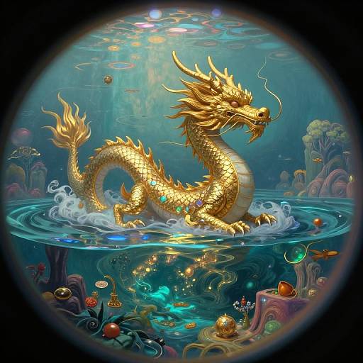 Digital art of a golden, serpentine dragon with flames on its head and tail, swimming in a vibrant, underwater ocean scene with colorful coral and