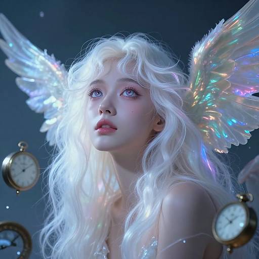 Digital art of a pale-skinned, ethereal woman with flowing white hair, iridescent angel wings, and blue eyes, surrounded by floating clock