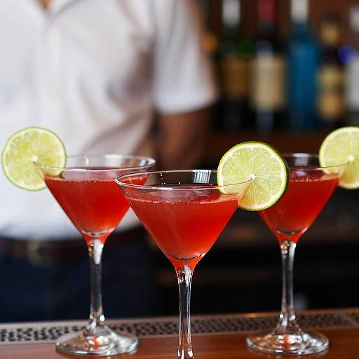 Photograph of three martini glasses with vibrant red cocktails, each garnished with a lemon slice, on a bar counter. Blurred bartender in white