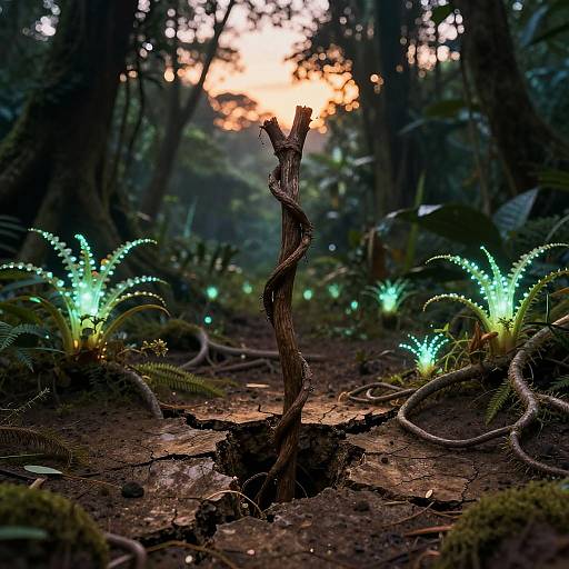Bioluminescent Staff Emerging from Earth