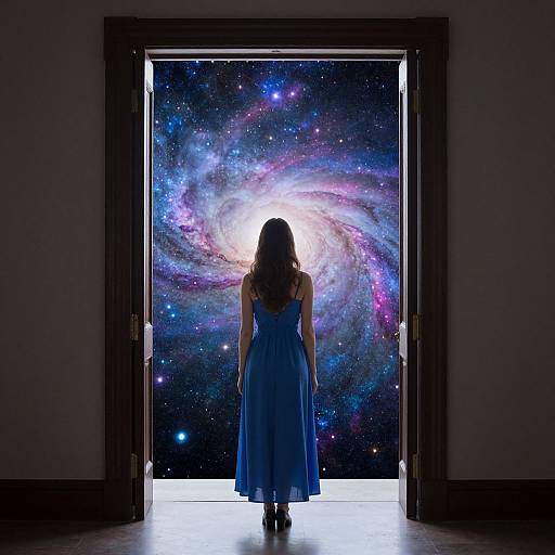 Silhouetted woman in blue dress stands facing open door, gazing at vibrant, colorful galaxy backdrop, blending reality and space.