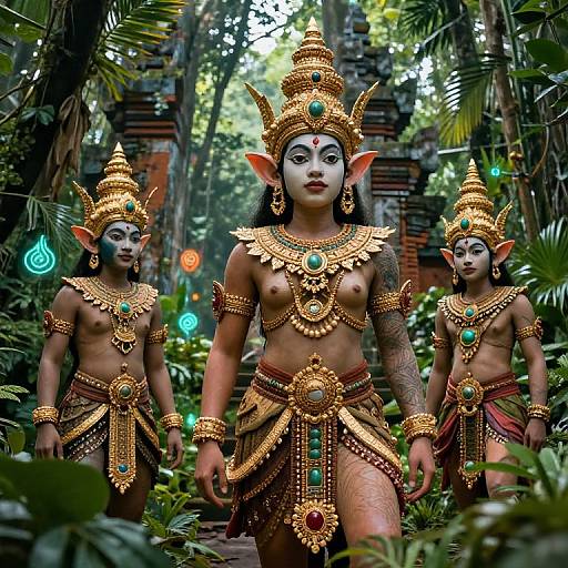 Photograph of three topless, fair-skinned, elf-eared women with dark makeup, wearing gold and turquoise ornate jewelry, and loinc