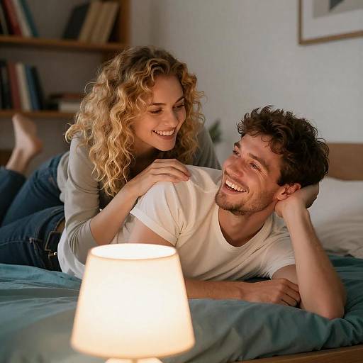 Cozy Laughing Couple on Teal Bed