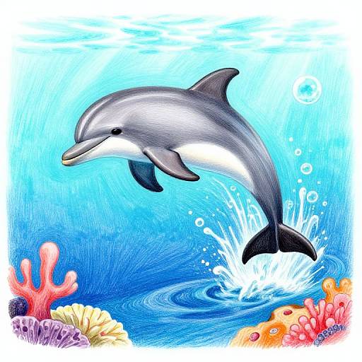 Colorful digital illustration of a dolphin leaping out of blue ocean water, splashing below, with coral reefs and sea anemones in the foreground