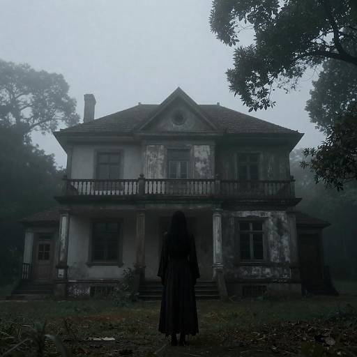 Misty Manor with Shadowy Tattered Figure