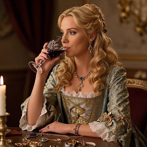 Blonde woman with wavy hair, Victorian gown, lace trim, ornate jewelry, sipping dark wine, candlelit room, jewelry on table