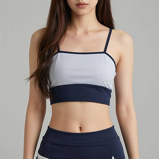 Photograph of an Asian woman with long brown hair, wearing a white and black sports bra and black high-waisted shorts, against a plain light