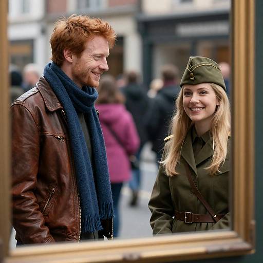 Street Scene with Man and Woman in Military-Style Uniform